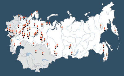 Locations of regional branches and some of the monuments erected by the Memorial Society. Map courtesy of the Gulag Museum at Perm-36.