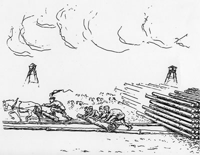 Drawing by Jacques Rossi of workers pushing logs.