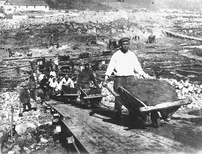Prisoners work at Belbaltlag, a Gulag camp for building the White Sea-Baltic Sea Canal 